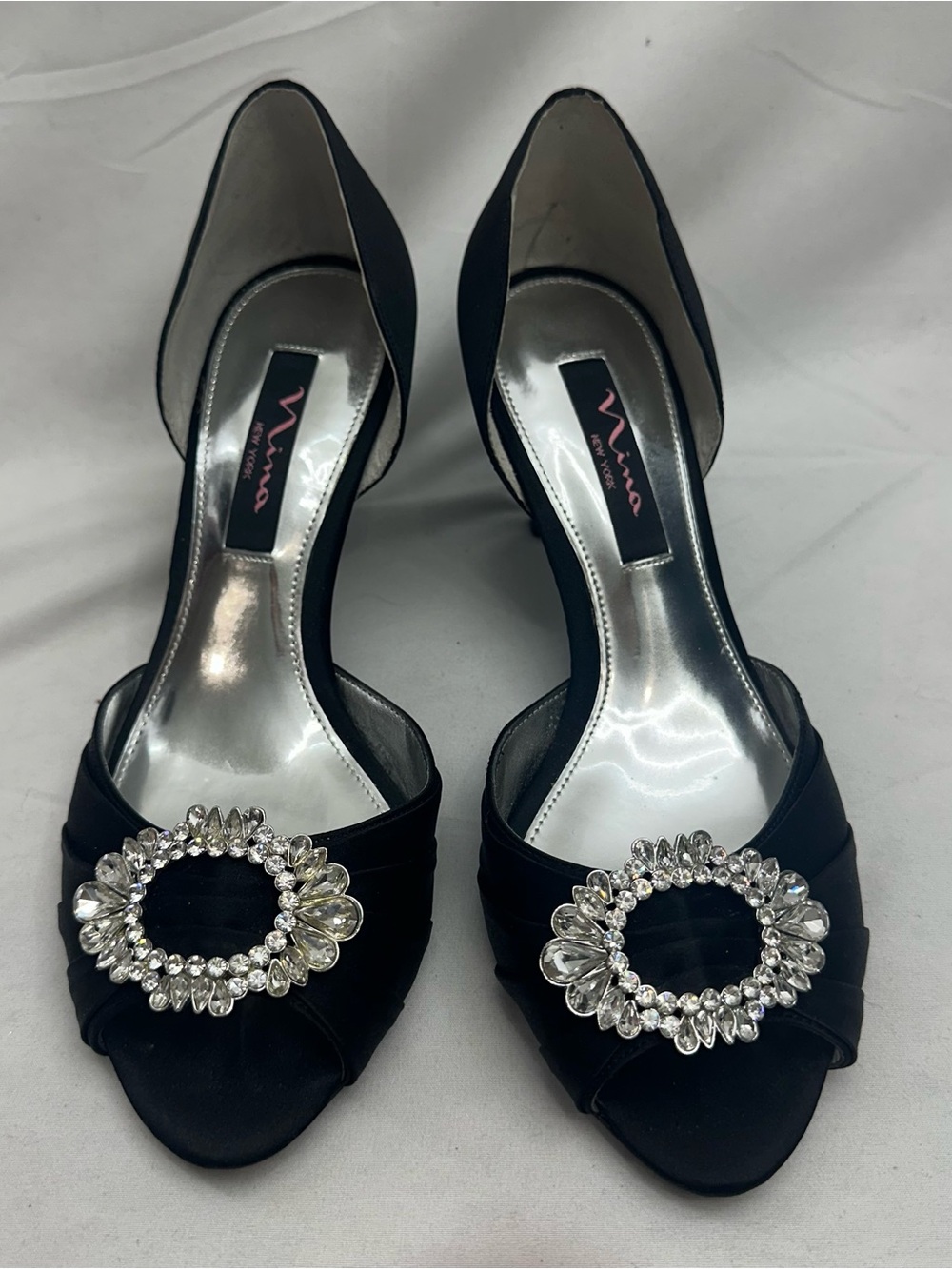 Nina Black Satin Like Open Toe Heels with Crystal Buckle 8 - Picture 2 of 6